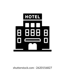 Black Icon Representing a Hotel Front View with Large Windows and a Sign
