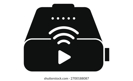 A black icon representing a portable power bank. It features a play button, wireless charging signal, and battery indicator lights, symbolizing portable power and media playback capabilities for moder