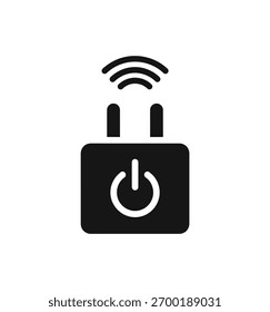 Un icono negro que representa un enchufe inteligente con un símbolo de potencia y señales wifi radiantes, que simboliza la conectividad y el control remoto para dispositivos domésticos y gestión de energía.