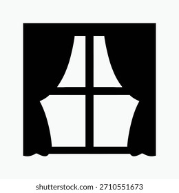 Un icono negro que representa una ventana con cortinas drapeadas sobre un fondo blanco. Formato de Vector escalable adecuado para medios impresos y digitales.