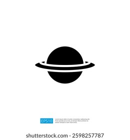 Black Icon of a Ringed Planet in Space with Circular Shape and Decorative Outline Against a White Background