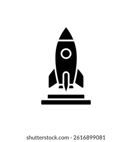 Black Icon of Rocket on Launchpad for Preparation