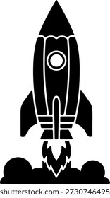 Un icono negro de una nave cohete lanzándose al espacio con llamas y humo en el fondo, simbolizando la exploración y la aventura en un estilo simple y audaz
