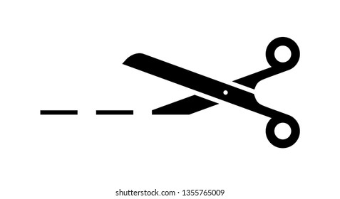 black icon of scissors with cutting line on white background