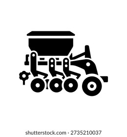 Black icon of a seeder machine on a white background, ideal for agricultural and farming concepts.