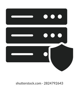 Black icon of a server rack protected by a shield. Symbolizes cybersecurity, data protection, secure computing, firewall defense, and safe cloud infrastructure.