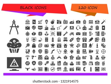 black icon set. 120 filled black icons.  Collection Of - Compass, Television, Muffin, DJ, Phone book, Confetti, Lightbulb, Bomb, Folder, Alarm clock, Autograph, Carrier, Big ben