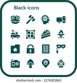  black icon set. 16 filled black icons. Simple modern icons about  - Frog, Axe, Head, Computer, Van, Shapes, Cake, Torch, Folder, Lock, Columns, Eye mask, Camera, Shovel, Placeholder