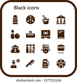 black icon set. 16 filled black icons.  Collection Of - Syrup, Cookie, Ice bucket, Courthouse, Bowling, Piano, Touch screen, Book, Purse, Tie, Man, Cooking, Add user, Comb, Beer