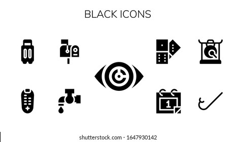 schwarzes Symbol gesetzt. 9 gefüllte schwarze Symbole.  Einfache, moderne Symbole wie: Vision, Tap, Mailbox, Fernbedienung, Koffer, Schnorchel, Gong, Kalender, Domino