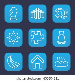 Black icon. set of 9 outline black icons such as house building, puzzle, harmonica, gramophone, dress, bread, banana, chess horse