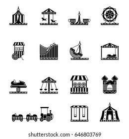 Black icon set of amusement park, carousel and other attractions. Vector illustrations. Carousel and amusement park silhouette