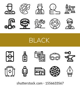 black icon set. Collection of Rapper, Faucet, Palette, Round up ride, Photographer, Tree, Golf ball, Woman, Chess, Teacher, Football field, Waste, Remote control, Male, Wedding photo icons