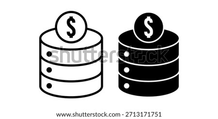 A black icon set combining monetary symbols with database elements for finance apps and business analysis tasks.