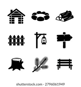 Black icon set depicting rustic cabin stones logs fence hanging lantern signpost tree stump pine branch and wood bench.