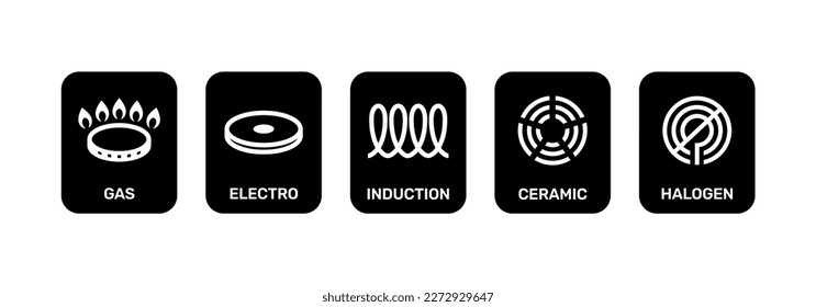 Juego de iconos negros electro, gas, inducción, cerámica y cocina halógena.eps