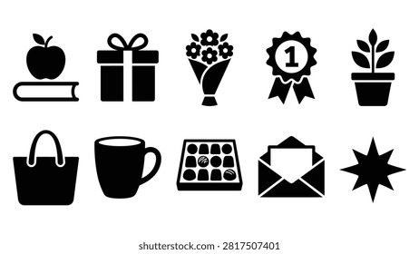 Black icon set features various celebration and gift related items such as an apple on a book, gift box, flower bouquet, award ribbon, and starburst. These vector icons are designed for special occasions, holidays, and gift-giving concepts, offering a warm and festive feel.