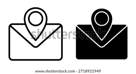 A black icon set featuring email envelopes with location markers ideal for geo-based communication, contact details, and digital platforms.