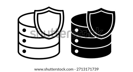 A black icon set featuring protective shield elements with databases for security tasks and safe information workflows.
