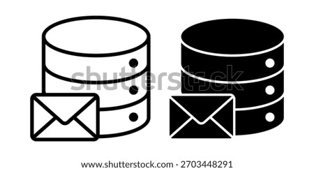 A black icon set focused on database mail notifications for message alerts, reminders, and system communication.