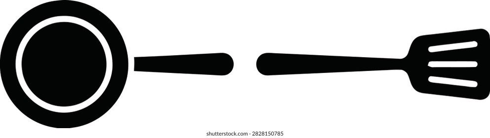 Black icon set of a frying pan and a kitchen spatula, representing cooking, food preparation, and culinary tools, isolated on white background.