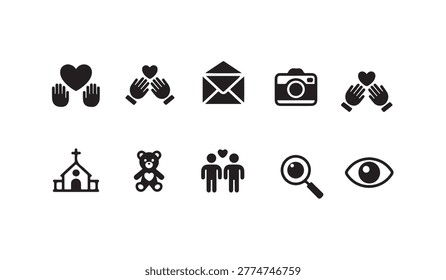 Black icon set with hands holding hearts camera wedding church teddy bear and eye icons.
