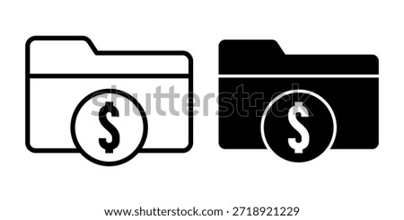 A black icon set illustrating folder dollar symbols for finance records, budget files, and economic data organization.