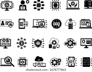Conjunto de iconos negros Tecnología de información. Ilustraciones vectoriales Administrador de TI, Análisis de datos, Datos digitales, Administración de TI, Internet, Seguridad de red, Desarrollo de software, App móviles y más