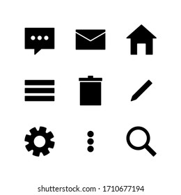 Black Icon Set For Mobile App or Website in Solid Style. Home, Mail, Chat, Menu, Setting, Edit, Delete, Search