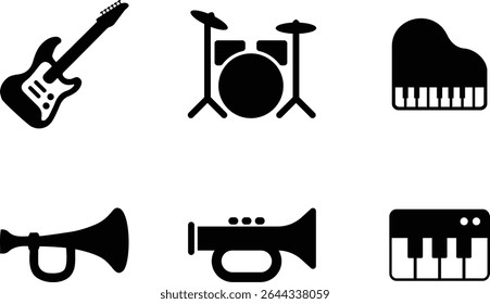 Black icon set of musical instruments