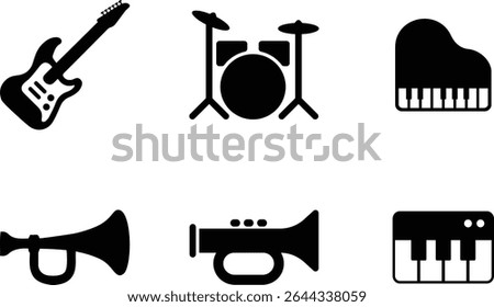 Black icon set of musical instruments