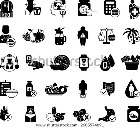Black Icon Set Nutrition. Vector Illustrations: Obesity, Calorie Counting, Carbohydrates, Psychology, Balanced Diet, Body Weight, Junk Food, Meal Plan, Water Balance, Smart Watch, and More