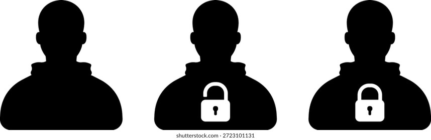 Schwarzer Symbolsatz einer Person mit offenem und geschlossenem Schloss ohne Hintergrund.