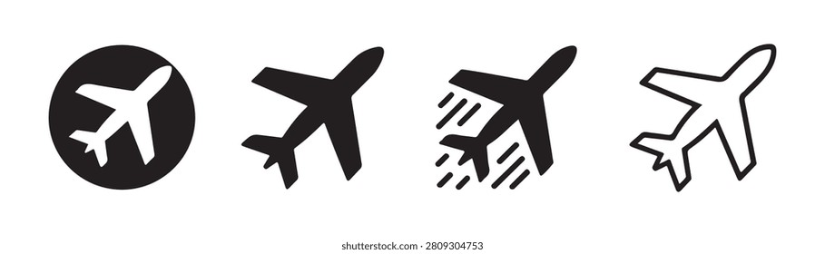 Black icon set of planes showing diverse flight angles including circular framing and motion path indicators.