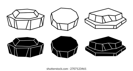 Conjunto de ícones pretos representando blocos de gelo, ideal para cenas polares, águas geladas e arte do clima glacial.