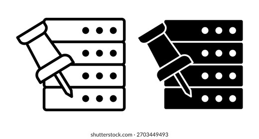 Conjunto de iconos negros que representan elementos de servidor anclados para asignar, marcar y organizar puntos de datos clave.