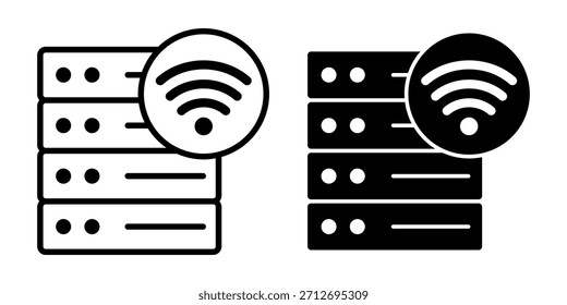 Ein schwarzer Symbolsatz, der WiFi darstellt, integriert mit Servereinheiten für drahtlose Konnektivität und Online-Workflows.