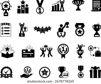 Conjunto de iconos negros de recompensa. Ilustraciones vectoriales Premio, Medalla, Trofeo, Éxito, Calificación, Campeón, Regalo, Logro, Estrella, Ganador, Bonificación, Premio Dinero, y Más
