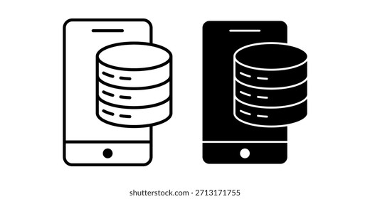 A black icon set showing database visibility on mobile devices for responsive apps and digital interfaces.