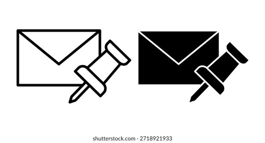 Un conjunto de iconos negros que muestra sobres de correo electrónico con símbolos de pin de inserción para mensajes anclados, recordatorios y herramientas de comunicación organizadas.