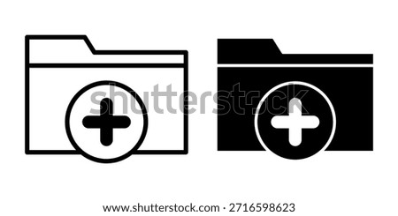 A black icon set showing folders with add symbols for creating new directories, organizing files, and managing digital storage.