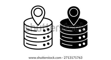 A black icon set showing location markers integrated with database elements for mapping, logistics, and tracking.