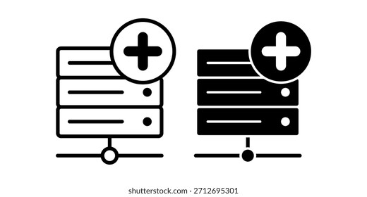 Ein schwarzes Symbol, das Servereinheiten mit zusätzlichen Symbolen für Systemwachstum, Datenerweiterung und digitale Workflow-Anforderungen anzeigt.