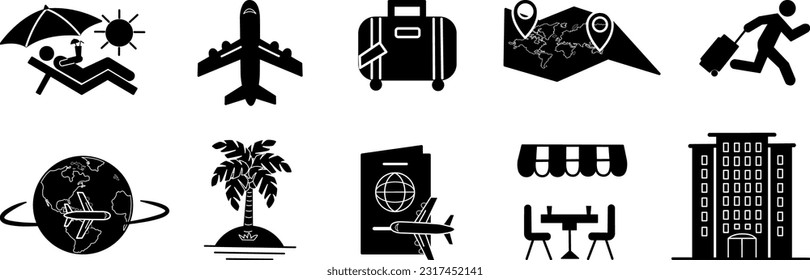 Juego de iconos negros para viajar. Ilustraciones vectoriales de un hombre en la playa, un hombre que hurga con el equipaje, el avión, la tierra, el hotel, el café, la bolsa y el mapa