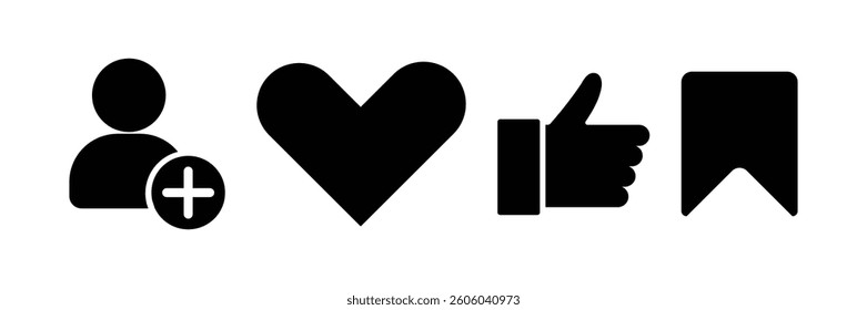 Black icon set. User, heart, like, tag sign collection. Simple flat symbol set to use app and website as reaction button vector illustration.