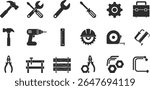 Black Icon Set of Workshop Tools Including Hammer, Wrench, Screwdriver, Toolbox, Gear, Drill Machine, Saw Blade, Measuring Tape, Safety Helmet, Workbench, Pliers, Nuts and Bolts – Solid Black Style 