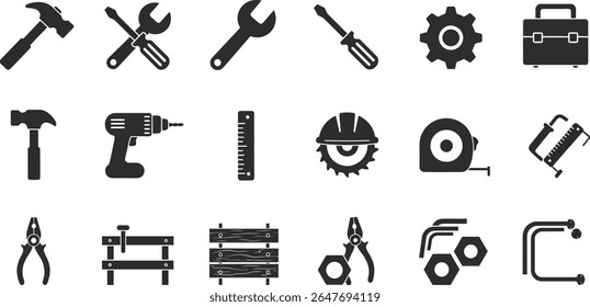 Black Icon Set of Workshop Tools Including Hammer, Wrench, Screwdriver, Toolbox, Gear, Drill Machine, Saw Blade, Measuring Tape, Safety Helmet, Workbench, Pliers, Nuts and Bolts – Solid Black Style 