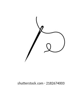 Black icon Sewing needle with thread. Sharp Needle simple silhouette. Vector illustration isolated on white background.