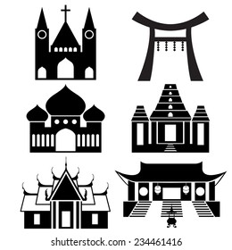 Black icon show each religious place architecture - Christ , Islam , Hindu , Buddhism (EPS10 separate icon by icon)