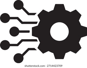 Icono negro que muestra un engranaje entrelazado con conexiones de placa de circuito digital, que representa la tecnología.